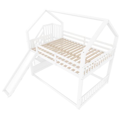Lit Superposé En Bois Avec échelle De Rangement Et Toboggan, Sans Matelas, Blanc