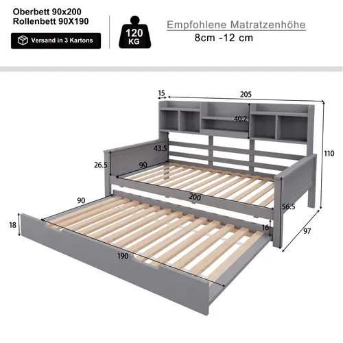 Canapé-lit Convertible 90x200cm En Bois Massif, Lit Extensible 90x190cm Avec Rangements Et Sommier