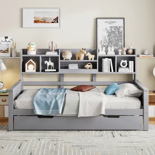 Canapé-lit Convertible 90x200cm En Bois Massif, Lit Extensible 90x190cm Avec Rangements Et Sommier
