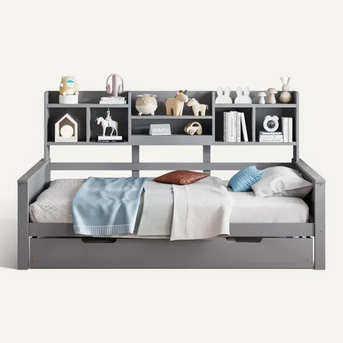 Canapé-lit Convertible 90x200cm En Bois Massif, Lit Extensible 90x190cm Avec Rangements Et Sommier