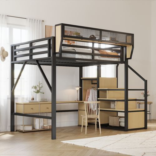 Lit Mezzanine 140x200 En Métal Avec échelle De Sécurité Et Rangement Flexible, Noir