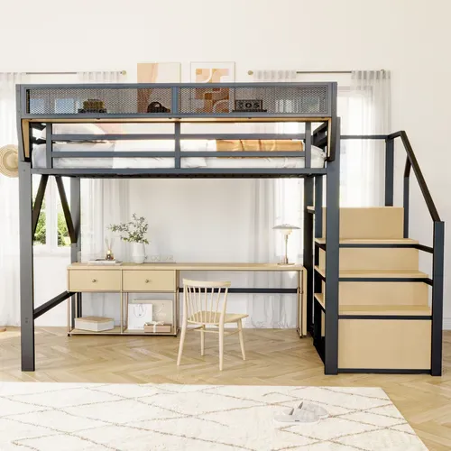 Lit Mezzanine 140x200 En Métal Avec échelle De Sécurité Et Rangement Flexible, Noir