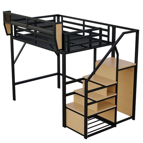 Lit Mezzanine 140x200 En Métal Avec échelle De Sécurité Et Rangement Flexible, Noir