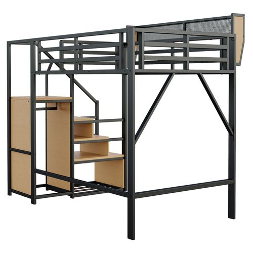 Lit Mezzanine 140x200 En Métal Avec échelle De Sécurité Et Rangement Flexible, Noir