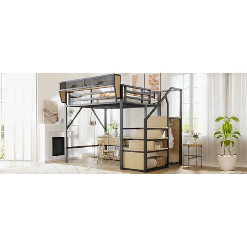 Lit Mezzanine 140x200 En Métal Avec échelle De Sécurité Et Rangement Flexible, Noir