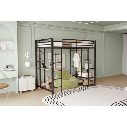 Lit Mezzanine Avec échelle 90*200cm, Lit Enfant Avec Bureau Et Espaces De Rangement, Noir