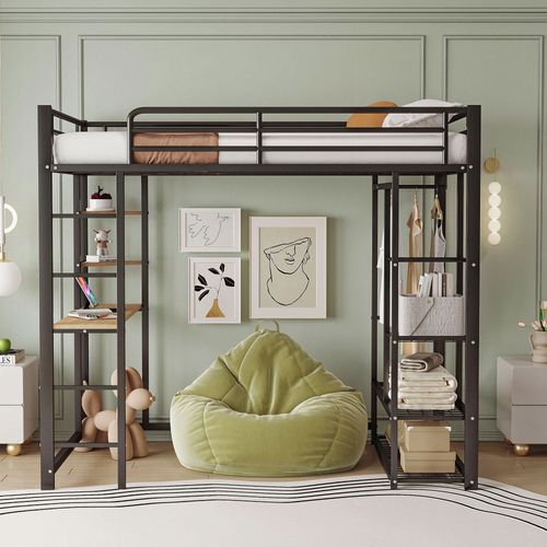 Lit Mezzanine Avec échelle 90*200cm, Lit Enfant Avec Bureau Et Espaces De Rangement, Noir