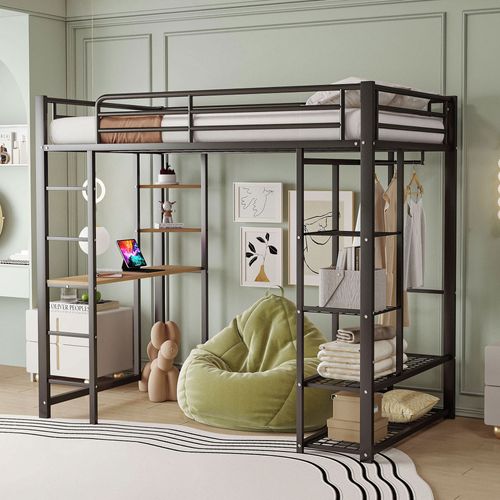 Lit Mezzanine Avec échelle 90*200cm, Lit Enfant Avec Bureau Et Espaces De Rangement, Noir