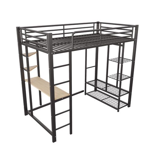 Lit Mezzanine Avec échelle 90*200cm, Lit Enfant Avec Bureau Et Espaces De Rangement, Noir