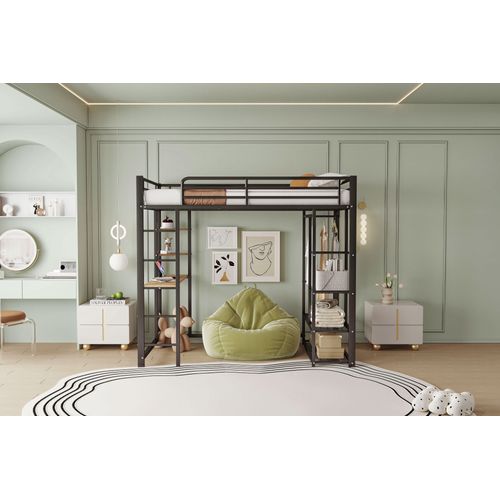 Lit Mezzanine Avec échelle 90*200cm, Lit Enfant Avec Bureau Et Espaces De Rangement, Noir