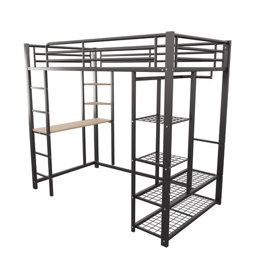 Lit Mezzanine Avec échelle 90*200cm, Lit Enfant Avec Bureau Et Espaces De Rangement, Noir