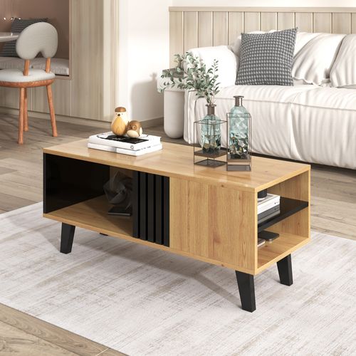 Table Basse, Fabriquée En Bois Teinté Avec Une Finition Noire, Dotée De Tiroirs, Couleur Naturelle