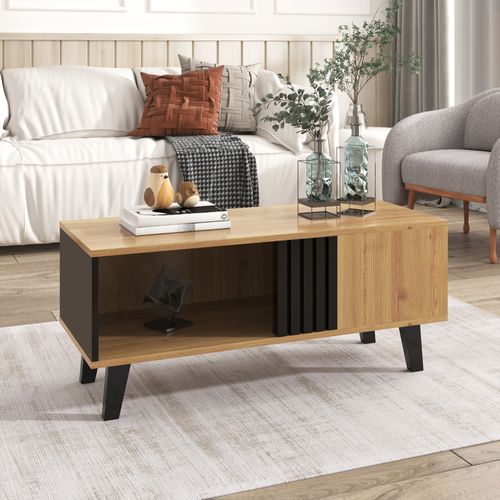 Table Basse, Fabriquée En Bois Teinté Avec Une Finition Noire, Dotée De Tiroirs, Couleur Naturelle
