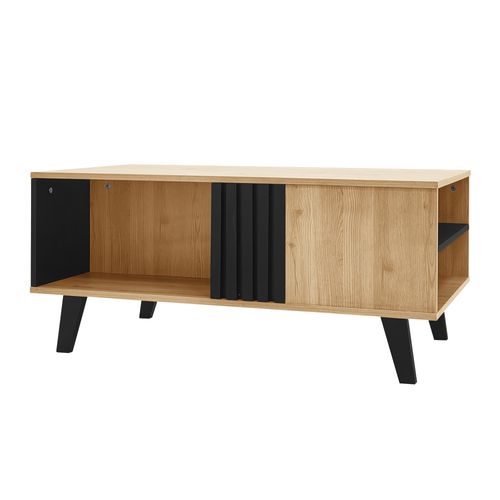 Table Basse, Fabriquée En Bois Teinté Avec Une Finition Noire, Dotée De Tiroirs, Couleur Naturelle