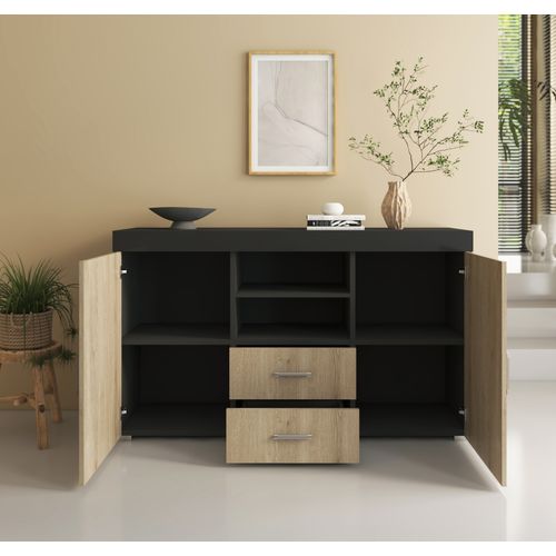 Bahut Buffet Pour Salon Salle à Manger En Noir Et Sonoma 140x40x80cm Roque