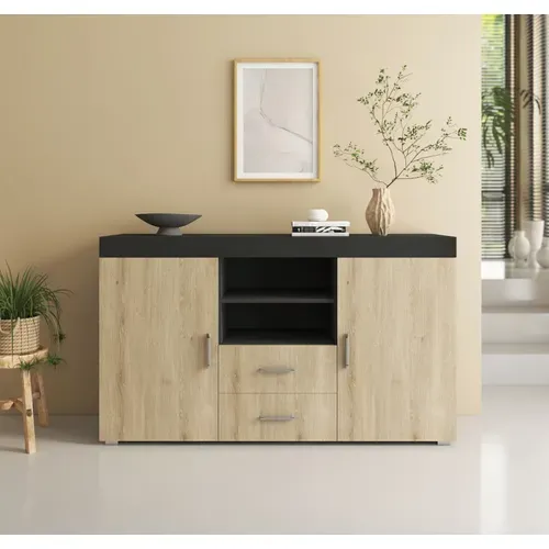 Bahut Buffet Pour Salon Salle à Manger En Noir Et Sonoma 140x40x80cm Roque