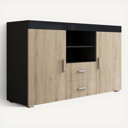 Bahut Buffet Pour Salon Salle à Manger En Noir Et Sonoma 140x40x80cm Roque