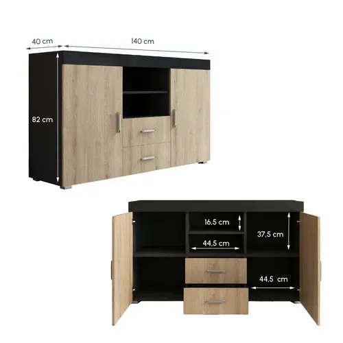 Bahut Buffet Pour Salon Salle à Manger En Noir Et Sonoma 140x40x80cm Roque
