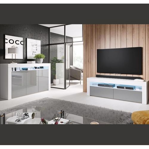 Bahut Buffet Pour Salon Salle à Manger En Blanc Et Gris Avec LED 155x37x91,5cm Aker