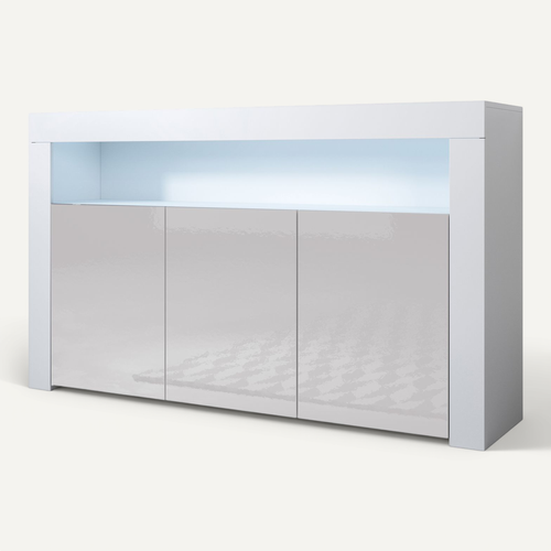 Bahut Buffet Pour Salon Salle à Manger En Blanc Et Gris Avec LED 155x37x91,5cm Aker