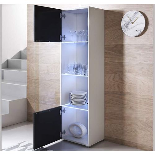 Vitrine Avec Pieds 2 Cm Luke V6 Sonoma Blanc - Meuble Modulaire Lumière LED Pour Salon Ou Salle à Manger