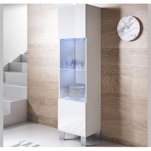 Vitrine Pour Salon Salle à Manger En Blanc Avec LED 40x29x177cm Luke V6
