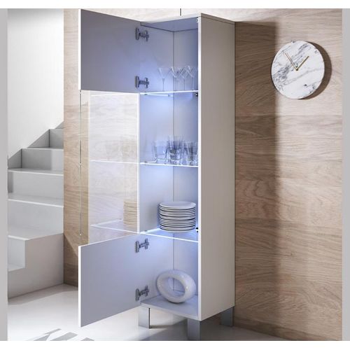 Vitrine Pour Salon Salle à Manger En Blanc Avec LED 40x29x177cm Luke V6