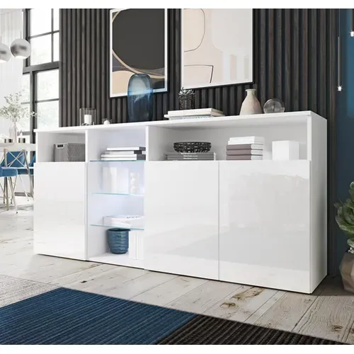 Bahut Buffet Pour Salon Salle à Manger En Blanc Avec LED 150x35x70cm Clark