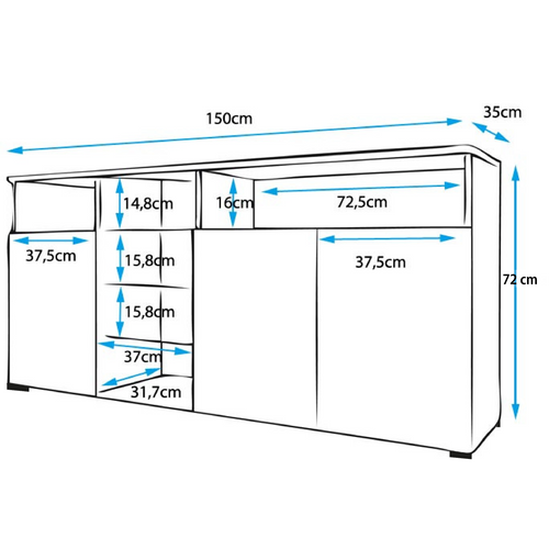 Bahut Buffet Pour Salon Salle à Manger En Noir Avec LED 150x35x70cm Clark
