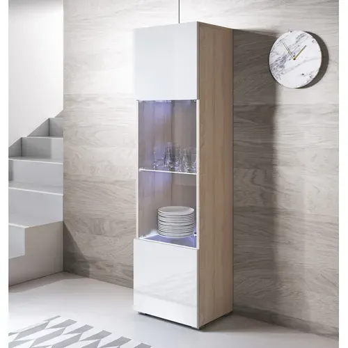 Vitrine Pour Salon Salle à Manger En Sonoma Et Blanc Avec LED 40x29x167cm Luke V6