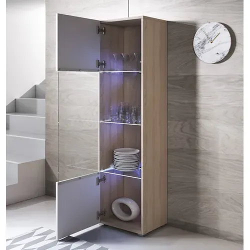 Vitrine Pour Salon Salle à Manger En Sonoma Et Blanc Avec LED 40x29x167cm Luke V6