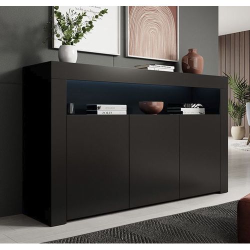 Bahut Buffet Pour Salon Salle à Manger En Noir Avec LED 155x37x91,5cm Aker