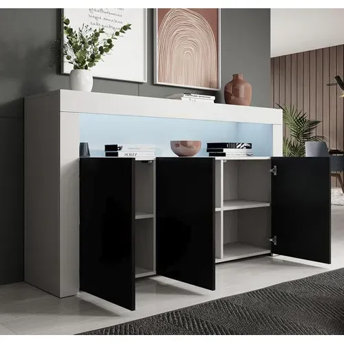 Bahut Buffet Pour Salon Salle à Manger En Blanc Et Noir Avec LED 155x37x91,5cm Aker