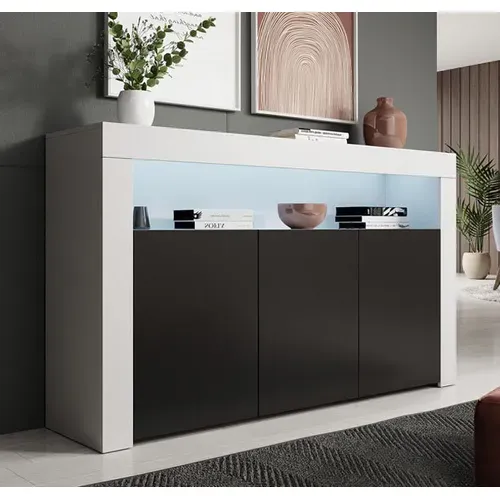 Bahut Buffet Pour Salon Salle à Manger En Blanc Et Noir Avec LED 155x37x91,5cm Aker