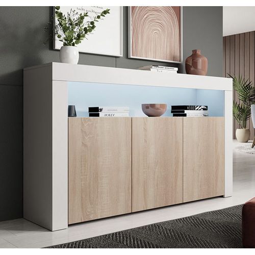 Bahut Buffet Pour Salon Salle à Manger En Blanc Et Sonoma Avec LED 155x37x91,5cm Aker