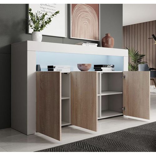 Bahut Buffet Pour Salon Salle à Manger En Blanc Et Sonoma Avec LED 155x37x91,5cm Aker