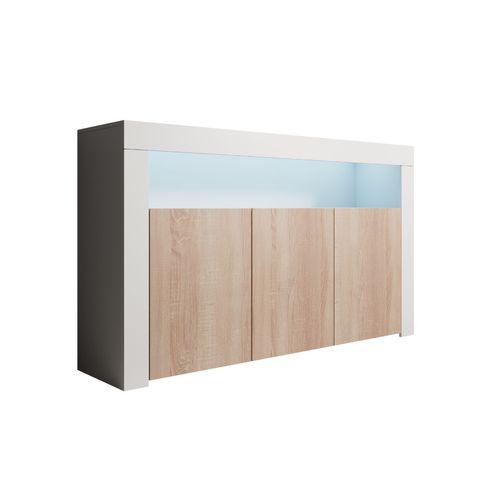 Bahut Buffet Pour Salon Salle à Manger En Blanc Et Sonoma Avec LED 155x37x91,5cm Aker