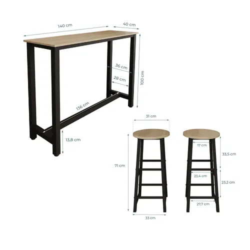 Table Haute Avec 2 Tabourets En Noir Et Sonoma 140x40x100cm Ani