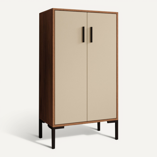 Bahut Buffet Bas En Noyer Ambar Et Beige 60x35x110,5cm Lander L17