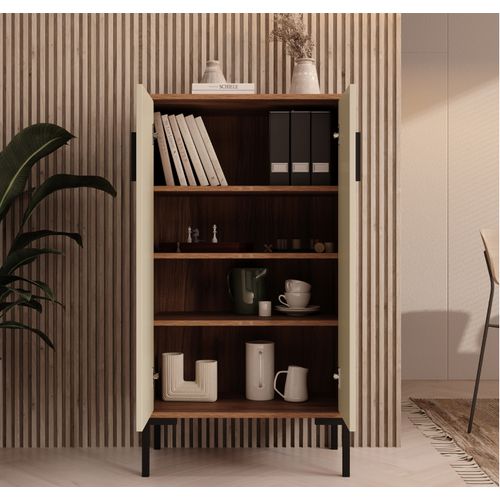 Bahut Buffet Bas En Noyer Ambar Et Beige 60x35x110,5cm Lander L17