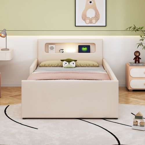 Lit Enfant 90x200 Cm Avec LED, USB Et Tiroirs De Rangement, Simili Beige