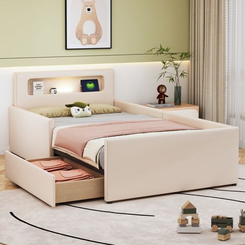 Lit Enfant 90x200 Cm Avec LED, USB Et Tiroirs De Rangement, Simili Beige