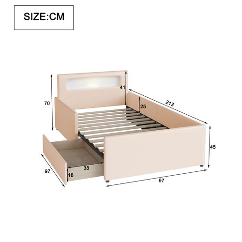 Lit Enfant 90x200 Cm Avec LED, USB Et Tiroirs De Rangement, Simili Beige