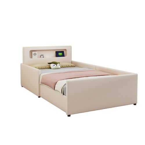 Lit Enfant 90x200 Cm Avec LED, USB Et Tiroirs De Rangement, Simili Beige