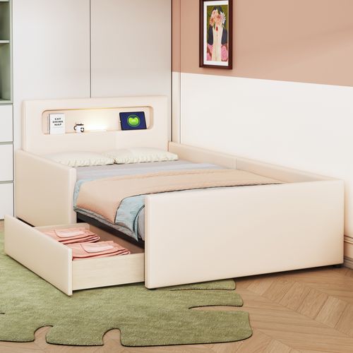 Lit Enfant 90x200 Cm Avec LED, USB Et Tiroirs De Rangement, Simili Beige