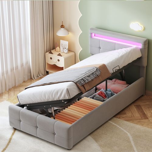 Lit Enfant 90×200 Cm, Avec LED, Rangement Hydraulique, Tête De Lit Réglable, Gris