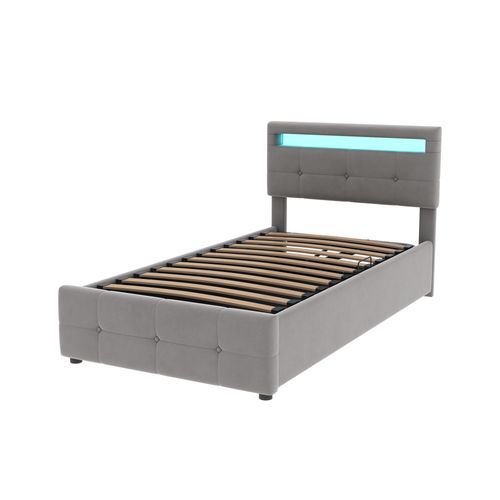 Lit Enfant 90×200 Cm, Avec LED, Rangement Hydraulique, Tête De Lit Réglable, Gris