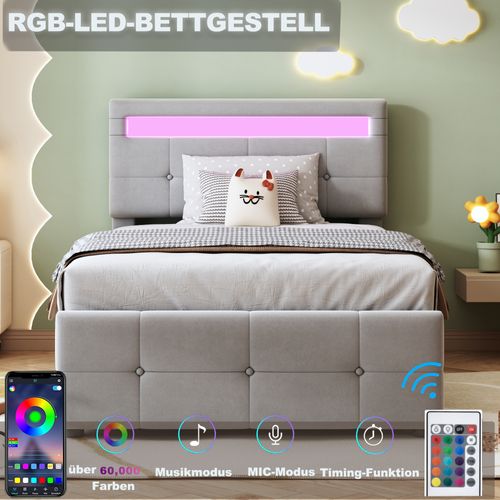 Lit Enfant 90×200 Cm, Avec LED, Rangement Hydraulique, Tête De Lit Réglable, Gris
