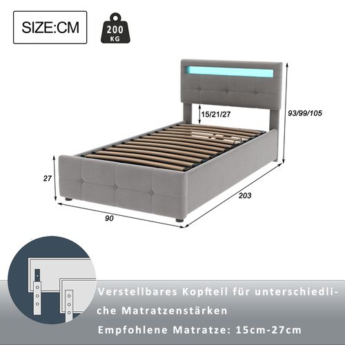 Lit Enfant 90×200 Cm, Avec LED, Rangement Hydraulique, Tête De Lit Réglable, Gris