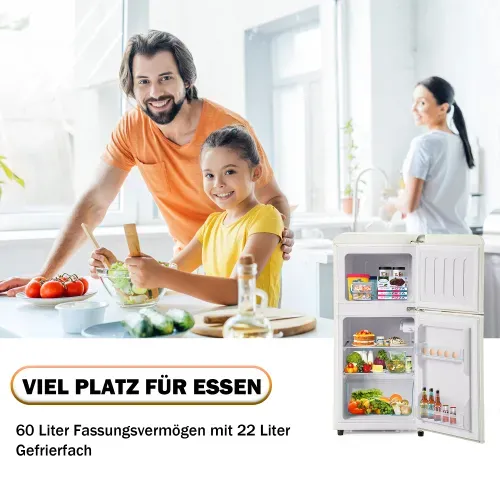 Réfrigérateur Congélateur Rétro à Double Porte + 60 Litres + Blanc Crème